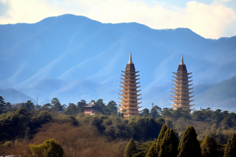 蓝天白云下旷野外的两座宝塔矗立在野外,高清,摄影图,摄影图片,图片大全,摄影图免费下载